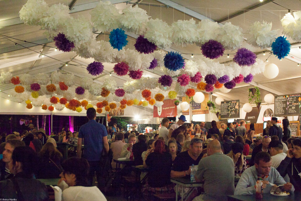 Paper flowers above the food court, Positivus