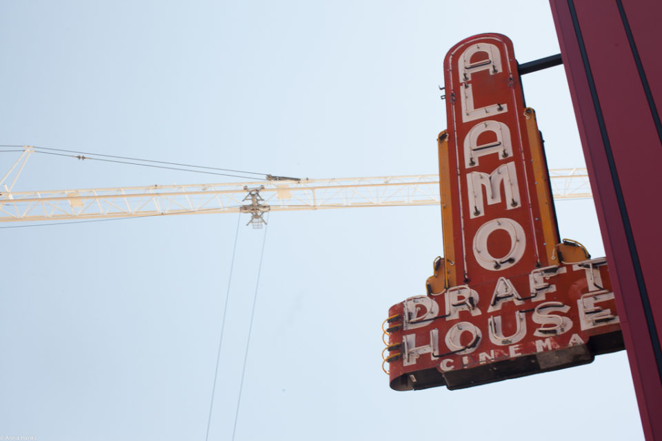 Alamo sign with crane